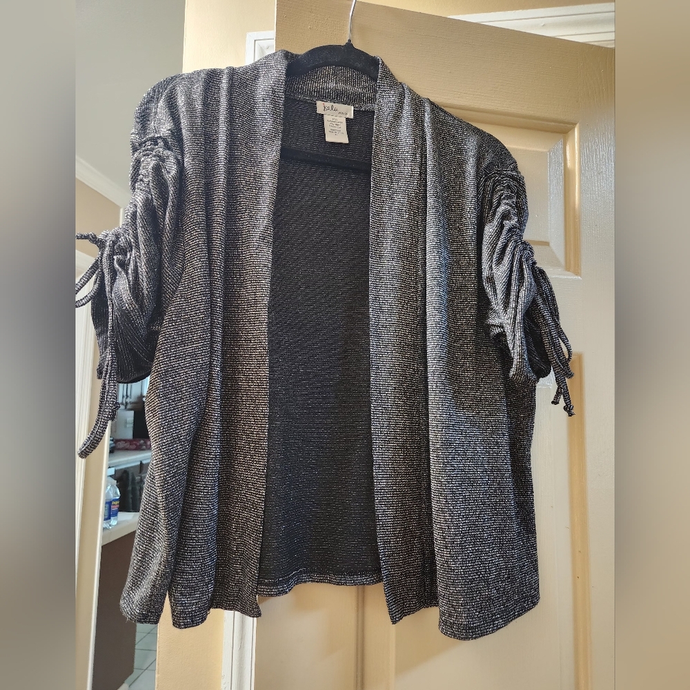 Isela Silver and Black Ruched Sleeve Cardigan
